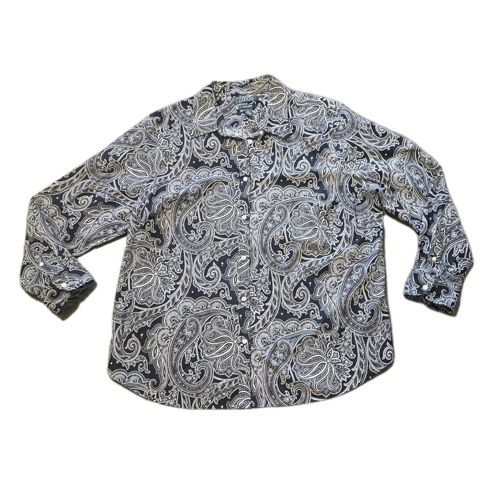 Lauren Ralph Lauren Women's 2 Black Cotton Paisley Long Sleeve Button Down Shirt